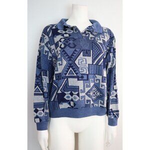 VINTAGE WOMEN'S BLUE & GRAY PRINT COLLARED SWEATER - SIZE S